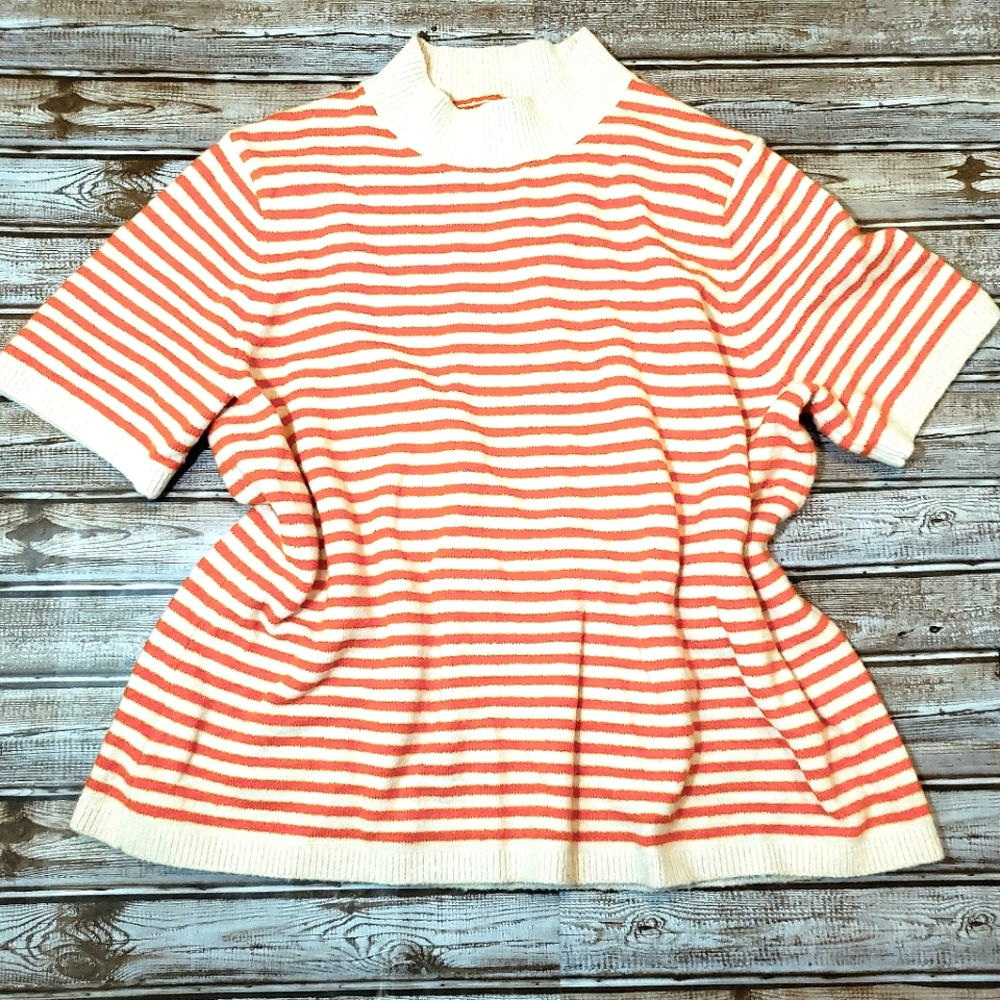 LOFT Cream and Orange Soft Striped Short Sleeve Sweater XL EUC